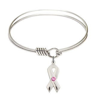 6 1/4 inch Round Eye Hook Rhodium Bangle Bracelet with a Sterling Silver Cancer Awareness charm.