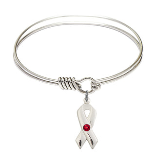 6 1/4 inch Round Eye Hook Rhodium Bangle Bracelet with a Sterling Silver Cancer Awareness charm.