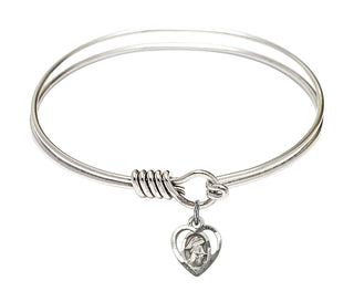 6 1/4 inch Round Eye Hook Rhodium Bangle Bracelet with a Sterling Silver Guardian Angel charm. Engraved Catholic Saint Jewelry
