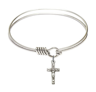 6 1/4 inch Round Eye Hook Rhodium Bangle Bracelet with a Sterling Silver Crucifix charm.