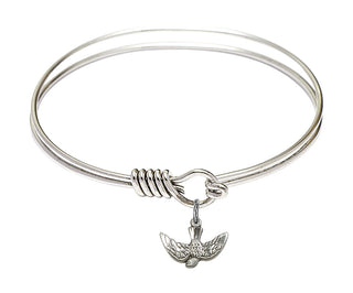 6 1/4 inch Round Eye Hook Rhodium Bangle Bracelet with a Sterling Silver Holy Spirit charm.