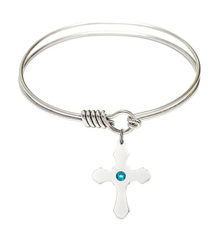 6 1/4 inch Round Eye Hook Rhodium Bangle Bracelet with a Sterling Silver Cross charm.