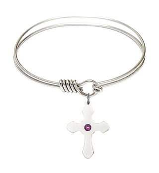 6 1/4 inch Round Eye Hook Rhodium Bangle Bracelet with a Sterling Silver Cross charm.