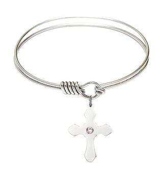 6 1/4 inch Round Eye Hook Rhodium Bangle Bracelet with a Sterling Silver Cross charm.