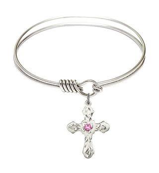 6 1/4 inch Round Eye Hook Rhodium Bangle Bracelet with a Sterling Silver Cross charm. Engraved Catholic Saint Jewelry