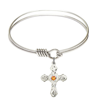 6 1/4 inch Round Eye Hook Rhodium Bangle Bracelet with a Sterling Silver Cross charm. Engraved Catholic Saint Jewelry