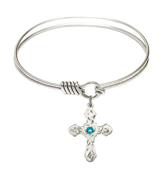 6 1/4 inch Round Eye Hook Rhodium Bangle Bracelet with a Sterling Silver Cross charm. Engraved Catholic Saint Jewelry