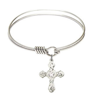 6 1/4 inch Round Eye Hook Rhodium Bangle Bracelet with a Sterling Silver Cross charm. Engraved Catholic Saint Jewelry