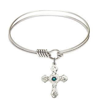 6 1/4 inch Round Eye Hook Rhodium Bangle Bracelet with a Sterling Silver Cross charm. Engraved Catholic Saint Jewelry