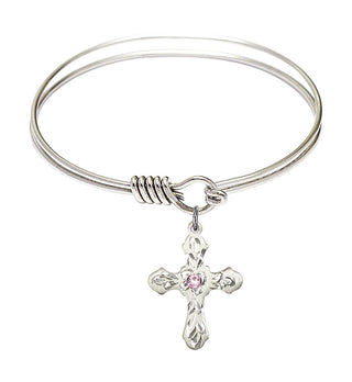 6 1/4 inch Round Eye Hook Rhodium Bangle Bracelet with a Sterling Silver Cross charm. Engraved Catholic Saint Jewelry