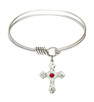 6 1/4 inch Round Eye Hook Rhodium Bangle Bracelet with a Sterling Silver Cross charm. Engraved Catholic Saint Jewelry