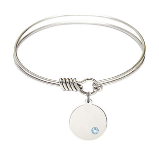 6 1/4 inch Round Eye Hook Rhodium Bangle Bracelet with a Sterling Silver Plain Disc charm.