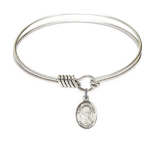6 1/4 inch Round Eye Hook Rhodium Bangle Bracelet with a Sterling Silver Saint Apollonia charm. Engraved Catholic Saint Jewelry