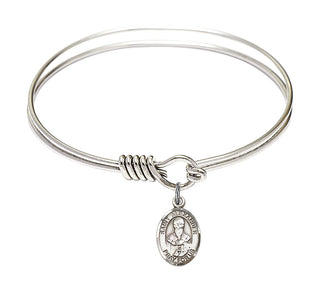 6 1/4 inch Round Eye Hook Rhodium Bangle Bracelet with a Sterling Silver Saint Alexander Sauli charm. Engraved Catholic Saint Jewelry