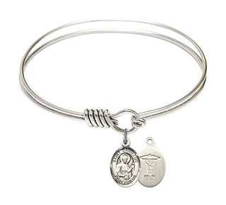 6 1/4 inch Round Eye Hook Rhodium Bangle Bracelet with a Sterling Silver Saint Camillus of Lellis/Doctors charm.