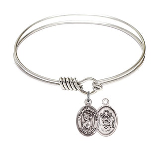 6 1/4 inch Round Eye Hook Rhodium Bangle Bracelet with a Sterling Silver Saint Christopher / Army charm.