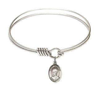 6 1/4 inch Round Eye Hook Rhodium Bangle Bracelet with a Sterling Silver Saint Edward the Confessor charm. Engraved Catholic Saint Jewelry