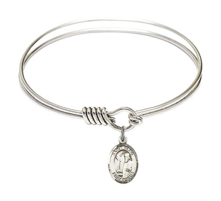 6 1/4 inch Round Eye Hook Rhodium Bangle Bracelet with a Sterling Silver Saint Elmo charm. Engraved Catholic Saint Jewelry