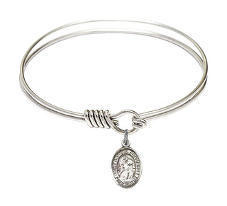 6 1/4 inch Round Eye Hook Rhodium Bangle Bracelet with a Sterling Silver Saint Gabriel the Archangel charm. Engraved Catholic Saint Jewelry