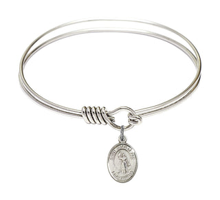 6 1/4 inch Round Eye Hook Rhodium Bangle Bracelet with a Sterling Silver Saint Joan of Arc charm. Engraved Catholic Saint Jewelry