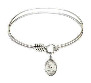 6 1/4 inch Round Eye Hook Rhodium Bangle Bracelet with a Sterling Silver Saint Joshua charm. Engraved Catholic Saint Jewelry