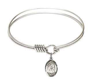 6 1/4 inch Round Eye Hook Rhodium Bangle Bracelet with a Sterling Silver Saint Louise de Marillac charm. Engraved Catholic Saint Jewelry