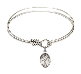 6 1/4 inch Round Eye Hook Rhodium Bangle Bracelet with a Sterling Silver Saint Philomena charm. Engraved Catholic Saint Jewelry