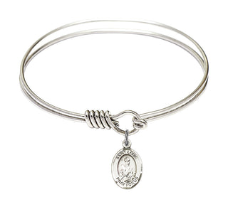 6 1/4 inch Round Eye Hook Rhodium Bangle Bracelet with a Sterling Silver Saint Louis charm. Engraved Catholic Saint Jewelry