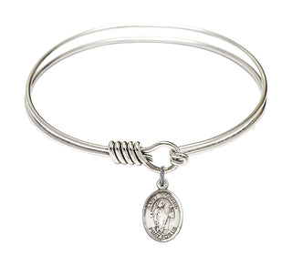 6 1/4 inch Round Eye Hook Rhodium Bangle Bracelet with a Sterling Silver Saint Richard charm. Engraved Catholic Saint Jewelry