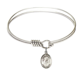 6 1/4 inch Round Eye Hook Rhodium Bangle Bracelet with a Sterling Silver Saint Robert Bellarmine charm. Engraved Catholic Saint Jewelry
