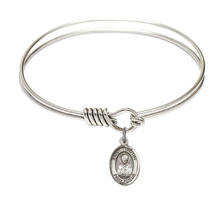 6 1/4 inch Round Eye Hook Rhodium Bangle Bracelet with a Sterling Silver Saint Timothy charm. Engraved Catholic Saint Jewelry
