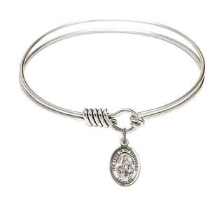 6 1/4 inch Round Eye Hook Rhodium Bangle Bracelet with a Sterling Silver Lord Is My Shepherd charm. Engraved Catholic Saint Jewelry