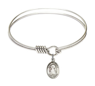 6 1/4 inch Round Eye Hook Rhodium Bangle Bracelet with a Sterling Silver Saint Bridget of Sweden charm. Engraved Catholic Saint Jewelry