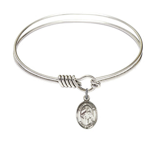 6 1/4 inch Round Eye Hook Rhodium Bangle Bracelet with a Sterling Silver Saint Ursula charm. Engraved Catholic Saint Jewelry