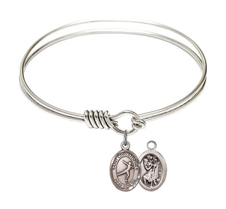 6 1/4 inch Round Eye Hook Rhodium Bangle Bracelet with a Sterling Silver Saint Christopher/Figure Skating charm.