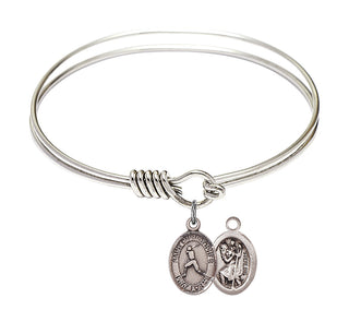 6 1/4 inch Round Eye Hook Rhodium Bangle Bracelet with a Sterling Silver Saint Christopher/Baseball charm.