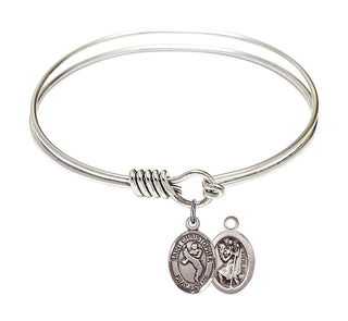 6 1/4 inch Round Eye Hook Rhodium Bangle Bracelet with a Sterling Silver Saint Christopher/Martial Arts charm.