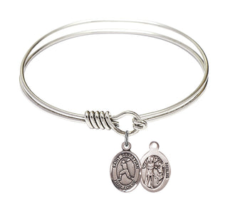 6 1/4 inch Round Eye Hook Rhodium Bangle Bracelet with a Sterling Silver Saint Sebastian/Baseball charm.