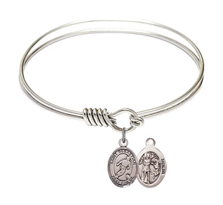 6 1/4 inch Round Eye Hook Rhodium Bangle Bracelet with a Sterling Silver Saint Sebastian/Soccer charm.
