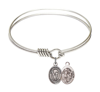 6 1/4 inch Round Eye Hook Rhodium Bangle Bracelet with a Sterling Silver Saint Sebastian/Gymnastics charm.