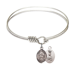 6 1/4 inch Round Eye Hook Rhodium Bangle Bracelet with a Sterling Silver Saint Kateri/Equestrian charm.