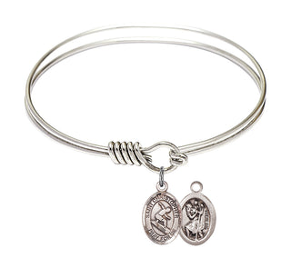 6 1/4 inch Round Eye Hook Rhodium Bangle Bracelet with a Sterling Silver Saint Christopher/Surfing charm.
