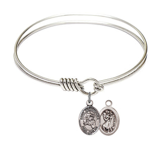 6 1/4 inch Round Eye Hook Rhodium Bangle Bracelet with a Sterling Silver Saint Christopher/Motorcycle charm.