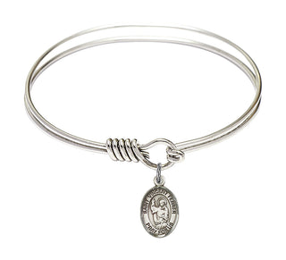 6 1/4 inch Round Eye Hook Rhodium Bangle Bracelet with a Sterling Silver Saint Vincent Ferrer charm. Engraved Catholic Saint Jewelry