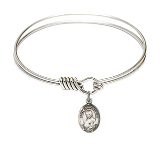 6 1/4 inch Round Eye Hook Rhodium Bangle Bracelet with a Sterling Silver Saint John Neumann charm. Engraved Catholic Saint Jewelry