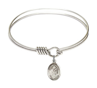 6 1/4 inch Round Eye Hook Rhodium Bangle Bracelet with a Sterling Silver Saint Aloysius Gonzaga charm. Engraved Catholic Saint Jewelry
