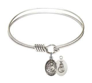 6 1/4 inch Round Eye Hook Rhodium Bangle Bracelet with a Sterling Silver Our Lady of Mount Carmel charm.