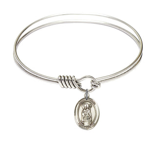 6 1/4 inch Round Eye Hook Rhodium Bangle Bracelet with a Sterling Silver Saint Ronan charm. Engraved Catholic Saint Jewelry