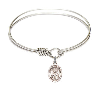 6 1/4 inch Round Eye Hook Rhodium Bangle Bracelet with a Sterling Silver Saint Andrew Kim Taegon charm. Engraved Catholic Saint Jewelry