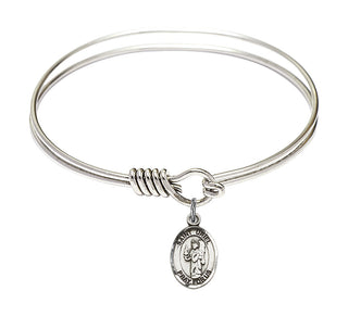 6 1/4 inch Round Eye Hook Rhodium Bangle Bracelet with a Sterling Silver Saint Uriel the Archangel charm. Engraved Catholic Saint Jewelry